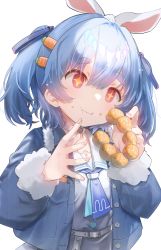 Rule 34 | + +, 1girl, :t, animal ears, blue jacket, blue ribbon, blush, carrot hair ornament, choker, closed mouth, commentary, denim, denim jacket, doughnut, dress, eating, food, food-themed hair ornament, food on face, fur-trimmed sleeves, fur trim, hair between eyes, hair ornament, hair ribbon, highres, holding, holding food, hololive, hoshi umi, jacket, long sleeves, nail polish, open clothes, open jacket, pink nails, rabbit ears, red eyes, ribbon, short eyebrows, simple background, solo, symbol-only commentary, thick eyebrows, upper body, usada pekora, usada pekora (casual), virtual youtuber, wavy mouth, white background, white choker, white dress