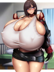Rule 34 | 1girl, bed, belt, blue eyes, blush, breasts, brown hair, cleavage, covered erect nipples, earrings, final fantasy, final fantasy vii, fingerless gloves, gigantic breasts, glasses, gloves, indoors, jewelry, long hair, looking at viewer, mikan (5555), mole, short shorts, shorts, solo, tifa lockhart