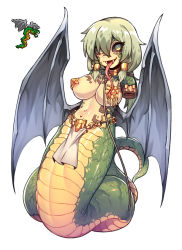 Rule 34 | 1girl, 1other, :d, amputee, areola slip, bare shoulders, black sclera, breast tattoo, breasts, chain, collar, colored sclera, double amputee, fangs, fangs out, flying snake, forked tongue, green eyes, green hair, hair between eyes, highres, lamia, large breasts, loincloth, long tongue, medium hair, monster girl, navel piercing, nyong nyong, open mouth, pasties, personification, piercing, reference inset, rope, scales, sidelocks, slit pupils, smile, tattoo, terraria, tongue, tongue out, wings