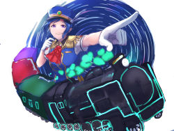 Rule 34 | 1girl, absurdres, alternate hairstyle, arms at sides, artist request, ascot, blue hair, blue hat, blush, collared dress, conductor, dress, earrings, epaulettes, feathers, female focus, from side, gloves, hair bun, hair up, happy party train, hat, highres, jewelry, looking at viewer, love live!, love live! sunshine!!, matsuura kanan, open mouth, purple eyes, red ascot, short sleeves, sidelocks, single hair bun, solo, train, whistle, white feathers, white gloves