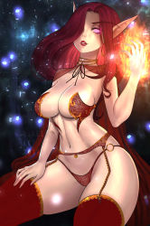 Rule 34 | 1girl, artist name, breasts, collarbone, commission, dated, earrings, elf, fantasy, fire, fire, flower, garter belt, glowing, glowing eye, glowing flower, glowing petals, hair over one eye, half-closed eyes, highres, hoop earrings, jewelry, long eyebrows, navel, necklace, o-ring, open hand, panties, parted lips, patterned, patterned clothing, petals, pointy ears, purple eyes, red hair, red lips, red panties, red thighhighs, see-through, skindentation, solo, thighhighs, uliel, underwear, warcraft, world of warcraft