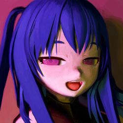 Rule 34 | 1girl, black jacket, blue hair, close-up, crossed bangs, fang, hair between eyes, highres, jacket, long hair, non-web source, one side up, open mouth, original, pink background, pink eyes, portrait, purple pupils, shadow, side ponytail, simple background, smile, solo, teeth, ufoshock, upper teeth only