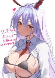 Rule 34 | 1girl, 2023, amisu, animal ears, between breasts, bikini, black bikini, breasts, cleavage, closed mouth, collared shirt, heart, highres, large breasts, long hair, long sleeves, micro bikini, necktie, necktie between breasts, open clothes, open shirt, purple hair, rabbit ears, rabbit girl, red eyes, red necktie, reisen udongein inaba, shirt, simple background, smile, solo, swimsuit, touhou, upper body, white background