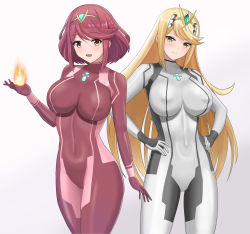 Rule 34 | 2girls, blonde hair, bodysuit, breasts, commentary, cosplay, covered erect nipples, fire, fire, hair ornament, hand on own hip, highres, higofushi, large breasts, looking at viewer, metroid, multiple girls, mythra (xenoblade), navel, nintendo, plugsuit, pyra (xenoblade), red hair, samus aran, samus aran (cosplay), skin tight, skindentation, smile, xenoblade chronicles (series), xenoblade chronicles 2, yellow eyes, zero suit