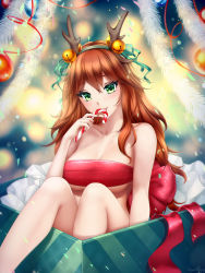 Rule 34 | 1girl, antlers, bare shoulders, bell, blurry, blurry background, blush, box, breasts, brown hair, candy, candy cane, christmas, cleavage, collarbone, dot nose, food, gift, gift box, gigamessy, green eyes, hair between eyes, hair ribbon, horns, large breasts, licking, long hair, looking at viewer, naked ribbon, nipples, nude, original, ornament, reindeer antlers, ribbon, sitting, smile, solo, tinsel, tongue, tongue out