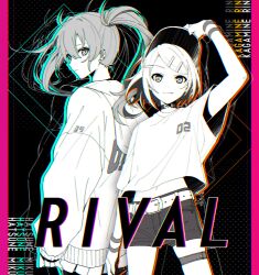Rule 34 | 2girls, absurdres, arm up, baseball cap, belt, bracelet, choker, greyscale with colored background, hat, hatsune miku, highres, hood, hood down, hooded jacket, jacket, jewelry, kagamine rin, long hair, multiple girls, shirt, short hair, shorts, standing, t-shirt, taro14 tea, thigh strap, twintails, very long hair, vocaloid