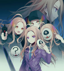 Rule 34 | 5boys, :d, ?, ahoge, aiming, aiming at viewer, black coat, black eyeliner, blonde hair, blue necktie, brown eyes, closed mouth, coat, collared shirt, covered face, cropped torso, empty eyes, eye trail, eyeliner, furrowed brow, gun, hand up, highres, holding, holding gun, holding mask, holding weapon, hood, hood up, jacket, jewelry, light trail, long hair, long sleeves, looking at viewer, makeup, makoto kagutsuchi, male focus, mask, master detective archives: rain code, multiple boys, multiple persona, necktie, open mouth, pants, pointing, pointing at self, pointing at viewer, pointing gun, profile, purple eyes, purple jacket, purple pants, qiao xing, ring, shirt, smile, spoilers, sword, unworn mask, upper body, weapon, white shirt