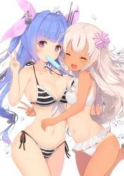Rule 34 | 10s, 2girls, asymmetrical docking, bikini, blue hair, blush, breast press, breasts, closed eyes, collarbone, commentary request, cowboy shot, dark-skinned female, dark skin, facing viewer, flower-shaped pupils, food, food in mouth, front-tie top, hair intakes, hair ribbon, halterneck, heart, highres, hug, i-19 (kancolle), kagerou (shadowmage), kantai collection, large breasts, long hair, looking at viewer, mouth hold, multiple girls, navel, open mouth, pink ribbon, popsicle, red eyes, ribbon, ro-500 (kancolle), side-tie bikini bottom, simple background, small breasts, smile, standing, standing on one leg, star-shaped pupils, star (symbol), stomach, striped bikini, striped clothes, swimsuit, symbol-shaped pupils, tan, teeth, upper teeth only, v, water drop, white background, white bikini