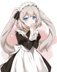 Rule 34 | 1girl, blue eyes, commentary request, fate/grand order, fate (series), grey hair, light blush, long hair, long sleeves, looking at viewer, maid, maid headdress, marie antoinette (animejapan 2016) (fate), marie antoinette (fate), mitsuki meia, official alternate costume, simple background, smile, solo, standing, twintails, white background