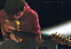 Rule 34 | absurdres, beck, electric guitar, fender telecaster, guitar, highres, hood, hoodie, instrument, music, official art, playing guitar, playing instrument, red hoodie, scan, scan artifacts, spread legs, tanaka yukio