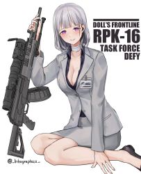 Rule 34 | 1girl, absurdres, bandaged neck, bandages, bipod, black footwear, blouse, breasts, character name, choke (weapon), cleavage, copyright name, drum magazine, duckbill choke, english text, extended barrel, formal, girls&#039; frontline, grey hair, grey jacket, grey skirt, grey suit, gun, highres, holding, holding weapon, id card, jacket, large breasts, light machine gun, lithographica, long sleeves, machine gun, magazine (weapon), open clothes, open shirt, pink eyes, purple shirt, rpk, rpk-16, rpk-16 (girls&#039; frontline), rpk-16 (renate) (girls&#039; frontline), scope, shirt, simple background, sitting, skirt, smile, solo, suit, twitter username, weapon, white background