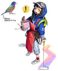 Rule 34 | !, 1girl, absurdres, apron, backpack, bag, bird, black hair, blue hoodie, braid, full body, goggles, goggles on head, hat, highres, hood, hood up, hoodie, long hair, open mouth, original, paint can, paintbrush, pants, personification, pink eyes, red apron, rinotuna, shoes, solo, speech bubble, spoken exclamation mark, standing, twin braids, white background, white footwear, white hat, white pants