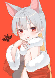 Rule 34 | 1girl, absurdres, animal ears, bat (animal), bat ears, blush, breasts, fingernails, fur collar, grey hair, highres, jacket, long fingernails, long hair, looking at viewer, open clothes, open jacket, original, red background, red eyes, red jacket, red nails, ribs, sideless outfit, simple background, small breasts, smile, soba (sobaya1938), solo, thick eyebrows, upper body
