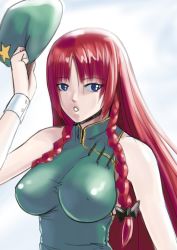 Rule 34 | 1girl, bad id, bad pixiv id, bare shoulders, blue eyes, bow, braid, breasts, covered erect nipples, eyelashes, female focus, hair bow, hat, unworn hat, unworn headwear, hong meiling, impossible clothes, impossible shirt, large breasts, long hair, raybar, red hair, shirt, sketch, sleeveless, solo, touhou, twin braids, upper body, very long hair, wrist cuffs