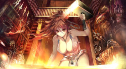 Rule 34 | 1girl, anvil, armor, armpits, bare arms, bare shoulders, belt, blacksmith, blade, blush, breasts, brown eyes, brown hair, chain, cleavage, closed mouth, cowboy shot, fire, hammer, indoors, jewelry, large breasts, leaning forward, loincloth, long hair, looking down, matching hair/eyes, motion blur, necklace, original, polearm, ponytail, revealing clothes, sai (weapon), serious, solo, spear, suoni (deeperocean), sweat, sword, weapon, wet, wet clothes