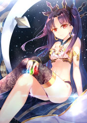 Rule 34 | 1girl, arm rest, arm support, armlet, asymmetrical clothes, asymmetrical gloves, asymmetrical legwear, bad id, bad pixiv id, bare arms, bare legs, bare shoulders, black gloves, black hair, black panties, black ribbon, black thighhighs, blue gemstone, breasts, bridal gauntlets, c:, cleavage, closed mouth, collar, crossed legs, crown, earrings, elbow gloves, emerald (stone), fate/grand order, fate (series), female focus, gem, gloves, hair ribbon, heavenly boat maanna, highres, holding, holding gem, hoop earrings, ishtar (fate), jewelry, legs, long hair, looking at viewer, medium breasts, midriff, navel, neck, panties, parted bangs, red eyes, red gemstone, revealing clothes, revision, ribbon, single bridal gauntlet, single elbow glove, single glove, single thighhigh, sky, smile, solo, star (sky), starry sky, strapless, thighhighs, thighlet, tohsaka rin, two side up, type-moon, underwear, uneven gloves, uneven legwear, yan (nicknikg)