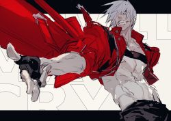 Rule 34 | 1boy, black gloves, coat, dante (devil may cry), devil may cry (series), devil may cry 3, finger gun, fingerless gloves, fingernails, gloves, grey eyes, grin, hair over one eye, highres, male focus, manly, muscular, navel, nipples, ogata tomio, red coat, topless male, sleeves rolled up, smile, solo, teeth, white hair