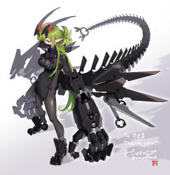 Rule 34 | 1girl, armor, bodystocking, breasts, cleavage, commission, dragon girl, dragon horns, female focus, full body, gauntlets, green hair, highres, horns, legs apart, long hair, long pointy ears, mask, mechanical boots, mechanical gloves, mechanical tail, medium breasts, mouth mask, orange eyes, original, oversized forearms, oversized limbs, pelvic curtain, pointy ears, science fiction, sideways glance, signature, solo, standing, tail, thank you, twitter username, zenmaibook