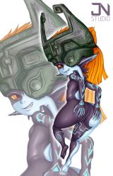 Rule 34 | 1girl, ass, ass grab, barefoot, breasts, colored sclera, colored skin, fang, feet, from behind, full body, helmet, highres, huge ass, jnstudio, long hair, looking back, midna, monster girl, multicolored skin, nintendo, nude, one eye covered, orange hair, pointy ears, red eyes, small breasts, smile, soles, solo, the legend of zelda, the legend of zelda: twilight princess, thick thighs, thighs, toes, two-tone skin, white background, yellow sclera, zoom layer