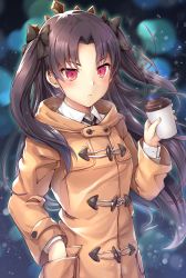 Rule 34 | &gt;:(, 1girl, black bow, blurry, blurry background, blush, bow, brown coat, brown hair, closed mouth, coat, collared shirt, commentary request, contemporary, cup, depth of field, disposable cup, duffel coat, fate/grand order, fate (series), forehead, hair bow, hand in pocket, hand up, highres, holding, holding cup, ishtar (fate), light frown, long hair, long sleeves, parted bangs, red eyes, samoore, shirt, solo, tiara, two side up, v-shaped eyebrows, very long hair, white shirt