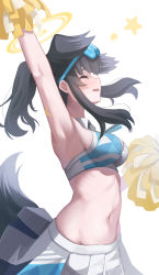 Rule 34 | 1girl, absurdres, animal ears, armpits, bare shoulders, black hair, blue archive, blush, breasts, cheerleader, closed eyes, commentary, crop top, dog ears, dog girl, dog tail, goggles, goggles on head, halo, hibiki (blue archive), hibiki (cheer squad) (blue archive), highres, long hair, medium breasts, millennium cheerleader outfit (blue archive), navel, official alternate costume, open mouth, pleated skirt, pom pom (cheerleading), ponytail, shirt, sidelocks, simple background, skirt, solo, standing, star (symbol), stomach, tail, upper body, white background, white shirt, yako mashiro