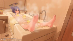 Rule 34 | 1girl, alternate hairstyle, barefoot, bathing, bathroom, bathtub, bilibili username, blue archive, blush, chenfusama, chinese commentary, commentary, feet, feet rest, hair bun, half-closed eyes, halo, highres, indoors, legs, legs up, looking ahead, partially submerged, purple eyes, purple hair, refraction, rubber duck, sidelocks, single hair bun, soles, solo, steam, tile floor, tiles, toes, yuuka (blue archive)
