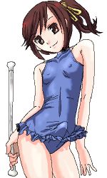 Rule 34 | 1boy, bare shoulders, blue leotard, brown eyes, brown hair, bulge, collarbone, covered collarbone, crossdressing, erection, holding, leotard, long hair, looking at viewer, lowres, male focus, simple background, sleeveless, sleeveless leotard, smile, solo, trap, white background