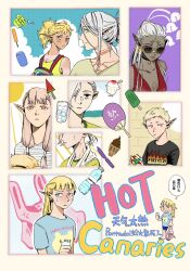 Rule 34 | 2boys, 5girls, bags under eyes, black eyes, blonde hair, blue eyes, bottle, breasts, can, chest tattoo, chinese commentary, chinese text, choker, cithis, contemporary, cup, dark-skinned female, dark elf, dark skin, drink can, dungeon meshi, earrings, elf, english text, facial mark, fleki, food, forehead mark, green eyes, grey hair, hair over one eye, hand fan, hat, highres, holding, holding bottle, hoop earrings, ice, ice cream, ice cream cone, ice cube, jewelry, leciel, long hair, looking at viewer, lycion, milsiril (dungeon meshi), mithrun, multiple boys, multiple girls, neck tattoo, notched ear, official alternate costume, official alternate hairstyle, otta (dungeon meshi), paper fan, pattadol, pointy ears, ponytail, popsicle, rubik&#039;s cube, shaved ice, shirt, short hair, sky, soft serve, straw hat, sun, sunglasses, sweat, t-shirt, tan, tank top, tattoo, uchiwa, very short hair, water, water bottle, watermelon bar