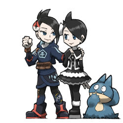 Rule 34 | 2girls, arm behind back, black hair, black pantyhose, black sleeves, blacknirrow, blue eyes, closed mouth, commentary, creatures (company), detached sleeves, diamond clan outfit, dress, english commentary, full body, game freak, gen 4 pokemon, gothic lolita, hair ornament, hand on another&#039;s shoulder, hand up, lolita fashion, mai (pokemon), marley (pokemon), mole, mole under mouth, multiple girls, munchlax, nintendo, pantyhose, pokemon, pokemon (creature), pokemon dppt, pokemon legends: arceus, pouch, short dress, short hair, simple background, sleeves past wrists, smile, standing, time paradox, white background