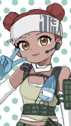 Rule 34 | 1girl, animification, apex legends, blue gloves, brown eyes, brown lips, cable, collarbone, dark-skinned female, dark skin, detached sleeves, double bun, earpiece, gloves, green tank top, hair bun, headband, highres, lifeline (apex legends), looking at viewer, maruko (ape mrmr), mask, mask around neck, red hair, smile, solo, tank top, translation request, v, white headband