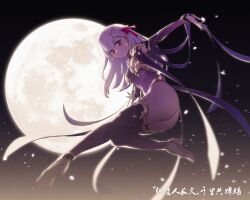 Rule 34 | 1girl, ass, detached sleeves, earrings, fate/grand order, fate (series), from below, full body, full moon, hair ribbon, high heels, highres, jewelry, jumping, kama (fate), kama (second ascension) (fate), light particles, long hair, looking at viewer, looking down, moon, night, outdoors, outstretched arm, outstretched leg, petals, purple sleeves, red eyes, red ribbon, ribbon, sky, smile, solo, thighhighs, white hair, yefan