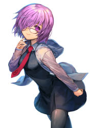 Rule 34 | 1girl, bad id, bad pixiv id, black dress, black pantyhose, dress, ells, fate/grand order, fate (series), glasses, grey jacket, hair over one eye, jacket, mash kyrielight, necktie, open clothes, open jacket, pantyhose, purple eyes, purple hair, red-framed eyewear, red necktie, shiny clothes, short dress, short hair, simple background, solo, standing, white background