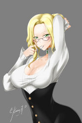Rule 34 | 1girl, adjusting hair, blonde hair, blush, breasts, cleavage, drill hair, glasses, glynda goodwitch, green eyes, grey background, highres, kimmy77, large breasts, mouth hold, rwby, solo