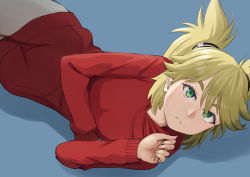 Rule 34 | 1girl, blonde hair, burn the witch, closed mouth, dress, easy (aqk7bdqt), frown, green eyes, grey background, hair between eyes, hair ornament, long hair, long sleeves, looking at viewer, lying, ninny spangcole, on side, red sweater, sketch, solo, sweater, sweater dress, twintails