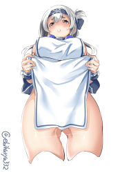 Rule 34 | 1girl, ainu, ainu clothes, bandana, blue eyes, blue hair, blush, breasts, covered erect nipples, cropped jacket, cropped legs, dress, ebifurya, folded ponytail, from below, glint, gluteal fold, hair between eyes, headband, highres, kamoi (kancolle), kantai collection, large breasts, lifted by self, looking at viewer, multicolored hair, parted lips, pelvic curtain, short eyebrows, sideboob, sidelocks, simple background, sleeveless, sleeveless dress, solo, thick eyebrows, thighs, twitter username, white background, white dress, white hair, wrist guards