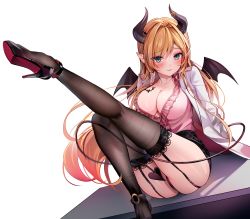 Rule 34 | 1girl, absurdres, ass, blonde hair, blush, breast tattoo, breasts, cleavage, closed mouth, demon horns, demon tail, demon wings, garter straps, gradient hair, green eyes, high heels, highres, hololive, horns, knee up, lab coat, lace, lace-trimmed legwear, lace trim, large breasts, leg up, long hair, looking at viewer, luna nyann, multicolored hair, pink shirt, pointy ears, shirt, simple background, sitting, skindentation, smile, solo, tail, tattoo, thighhighs, very long hair, virtual youtuber, white background, wings, yuzuki choco, yuzuki choco (1st costume)