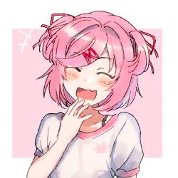 Rule 34 | +++, 1girl, :d, ^ ^, blush, closed eyes, doki doki literature club, facing viewer, fang, hair ornament, hair ribbon, hairclip, laughing, lowres, natsuki (doki doki literature club), open mouth, pink background, pink hair, red ribbon, ribbon, short hair, short sleeves, simple background, skin fang, smile, solo, sora (efr), swept bangs, two side up, upper body
