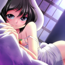 Rule 34 | 1girl, animal ears, bare shoulders, bed sheet, black hair, blush, breasts, carrot, chemise, inaba tewi, jewelry, looking at viewer, lying, moonlight, necklace, nightgown, nipple slip, nipples, off shoulder, on side, pendant, purple eyes, rabbit ears, rabbit girl, rabbit tail, sheet grab, small breasts, smile, solo, strap slip, tail, touhou, yanmarson