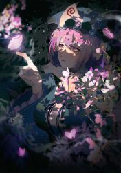 Rule 34 | 1girl, b (bbm), blue headwear, bug, butterfly, butterfly on hand, cherry blossoms, flower, highres, insect, leaf, open mouth, pink eyes, pink hair, sad, saigyouji yuyuko, solo, touhou