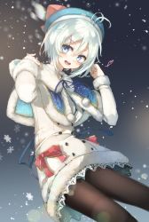 Rule 34 | .live, 1girl, :d, black legwear, blue eyes, blush, buttons, capelet, chibirisu, coat, double-breasted, hat, highres, looking at viewer, open mouth, shorts, dennou shoujo siro, smile, teeth, virtual youtuber, white hair, winter clothes, winter coat
