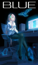 Rule 34 | 1girl, alternate costume, bad id, bad pixiv id, black footwear, black pantyhose, black skirt, blue eyes, chair, closed mouth, collared shirt, computer, crossed legs, desk, dress shirt, english text, glowing, headphones, high heels, highres, indoors, long hair, long sleeves, megurine luka, megurine luka (vocaloid4), miniskirt, monitor, mouse (computer), office chair, office lady, on chair, painttool sai, pantyhose, pencil skirt, pink hair, shirt, shoes, sitting, sketch, skirt, sleeves rolled up, smile, solo, swivel chair, text focus, v4x, vocaloid, white shirt, xkc
