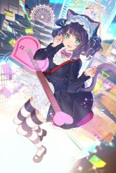 Rule 34 | 1girl, :d, animal ears, bad id, bad twitter id, black footwear, cat ears, cat tail, city, commentary, cyan (show by rock!!), dress, drill hair, green eyes, guitar, hairband, heart, highres, instrument, koyoi mitsuki, long hair, long sleeves, looking at viewer, open mouth, purple dress, purple hair, shoes, show by rock!!, smile, solo, striped clothes, striped thighhighs, tail, thighhighs