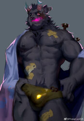 Rule 34 | 1boy, abs, absurdres, bara, bare pectorals, beard, bulge, chest tuft, cloth, cowboy shot, earrings, facial hair, full beard, furry, furry male, glowing mouth, halloween costume, highres, horns, jewelry, large pectorals, looking at viewer, male focus, mature male, muscular, muscular male, navel, nipples, original, pectorals, powerlesssong, screw in body, seductive smile, short hair, smile, solo, standing, stomach, thick beard, tsurime