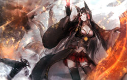 Rule 34 | 1girl, action, aircraft, airplane, akagi (azur lane), animal ears, arm up, artist request, azur lane, black gloves, black hair, black thighhighs, breasts, calligraphy brush (medium), cleavage, collarbone, fire, fox ears, fox tail, gloves, highres, kikumon, long hair, long sleeves, magic, multiple tails, outstretched arm, pleated skirt, red eyes, skirt, smile, smirk, smoke, solo, tail, tassel, thighhighs, very long hair, water, zettai ryouiki