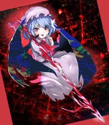 Rule 34 | 1860 (ichi), 1girl, ascot, blue hair, bow, dress, fang, hat, hat bow, highres, looking at viewer, mob cap, puffy short sleeves, puffy sleeves, red ascot, red eyes, remilia scarlet, short sleeves, solo, spear the gungnir, tongue, tongue out, touhou, wings