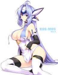Rule 34 | 1girl, absurdres, android, areola slip, bad id, bad pixiv id, bare shoulders, black gloves, blue eyes, blue hair, boots, breasts, character name, elbow gloves, forehead protector, gloves, hair between eyes, halcon, heart, highres, hip focus, kos-mos, kos-mos ver. 4, large breasts, long hair, looking at viewer, simple background, smile, solo, thigh boots, thighhighs, thighs, white background, white thighhighs, xenosaga