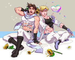 Rule 34 | 2boys, :d, abs, alternate color, anzumame, aqua eyes, arm behind head, arm support, bare shoulders, battle tendency, belt, black footwear, black gloves, blonde hair, blue footwear, blue gloves, boots, bouquet, brown hair, bubble, caesar anthonio zeppeli, coat, collarbone, commentary request, crop top, facial mark, feather hair ornament, feathers, fingerless gloves, flower, gloves, green eyes, hair ornament, hand on own knee, hand up, headband, highres, holding, holding bouquet, hydrokinesis, index finger raised, indian style, jewelry, jojo no kimyou na bouken, joseph joestar, joseph joestar (young), knee boots, looking at another, male focus, midriff, multiple boys, navel, open mouth, pants, pectorals, ring, scarf, short hair, side-by-side, sideways glance, sitting, skin tight, sleeveless, sleeves rolled up, smile, stomach, striped clothes, striped scarf, sunflower, tank top, teeth, tongue, triangle print, upper teeth only, water, white coat, white flower, white footwear, white pants, yellow flower