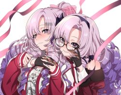 Rule 34 | 00 00mare, 2girls, adjusting eyewear, bare shoulders, black-framed eyewear, black gloves, blush, bow, claw ring, clothes writing, dress, drill hair, drill sidelocks, glasses, gloves, hair bow, hair ornament, hairband, hairclip, highres, hyakumantenbara salome, hyakumantenbara salome (1st costume), hyakumantenbara salome (casual), interlocked fingers, jacket, juliet sleeves, light purple hair, lips, long hair, long sleeves, looking at viewer, multiple girls, nijisanji, off-shoulder dress, off shoulder, official alternate costume, parted bangs, pink bow, ponytail, puffy sleeves, purple eyes, purple hairband, purple ribbon, red dress, red jacket, red sleeves, red track suit, ribbon, shirt, sidelocks, simple background, smile, sparkling eyes, track jacket, virtual youtuber, white background, white shirt
