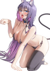 Rule 34 | 1girl, animal ears, bare shoulders, bikini, black thighhighs, blue eyes, blush, borrowed character, breasts, cat ears, cat tail, cleavage, collarbone, hair between eyes, highres, k pring, large breasts, long hair, looking at viewer, open mouth, purple hair, simple background, solo, swimsuit, tail, thighhighs, thighs, white background, yuna (biya (1024))