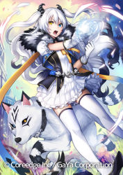 Rule 34 | 1girl, animal, blue eyes, building, cloud, commentary request, copyright request, curled horns, dress, gloves, hair between eyes, heterochromia, horns, kgr, long hair, looking at viewer, official art, open mouth, outdoors, puffy short sleeves, puffy sleeves, short sleeves, sidelocks, silver hair, sky, solo, striped tail, tail, teeth, thighhighs, two side up, upper teeth only, very long hair, white dress, white gloves, white thighhighs, wolf, yellow eyes